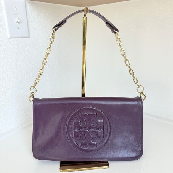 TORY BURCH Reva Shoulder Bag Wild Plum Purple Leather Chain Strap Logo Luxury - Picture 1 of 9